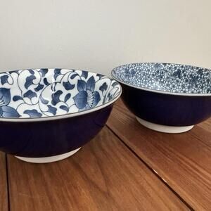 Japanese Chinese Rice Soup Bowls Set Porcelain Blue & White Made in Japan EUC